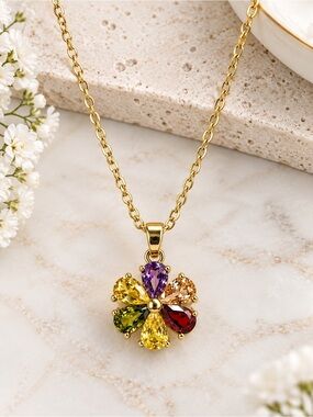 Dainty Gold Tone Multicolor Crystal Flower Pendant Necklace